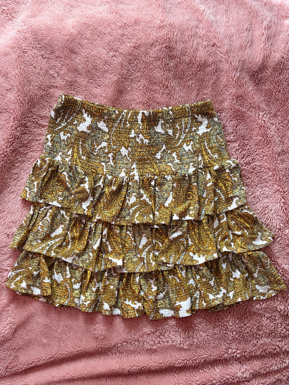 Michael Kors Gold and White Paisley Tiered Mini Skirt